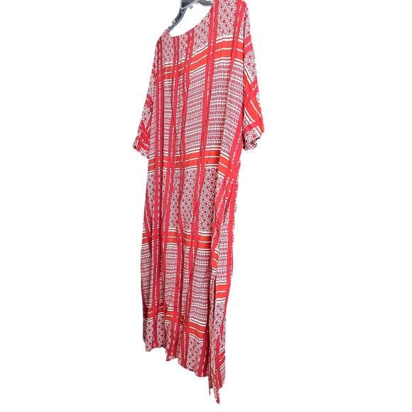 DREAMS & CO. SHORT SLV TIE- UP V-NECK TUNIC LOUNGER, WOMENS, 1X 22/24-RED/WHITE - Picture 7 of 12